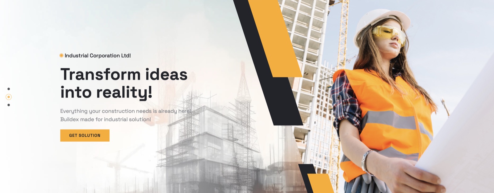 Construction landing page hero section with worker on a building site