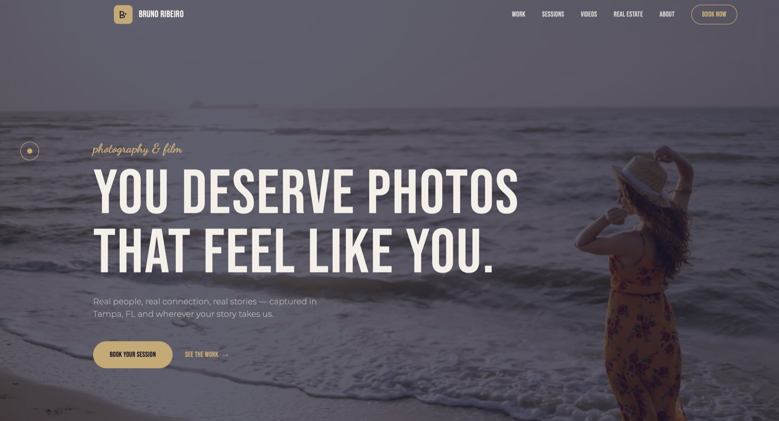 Photography portfolio hero section with beach photo and booking call to action
